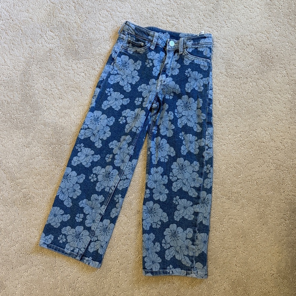 H&M Girls Flower Print Jeans wide leg Denim Pants exc con! Size 6